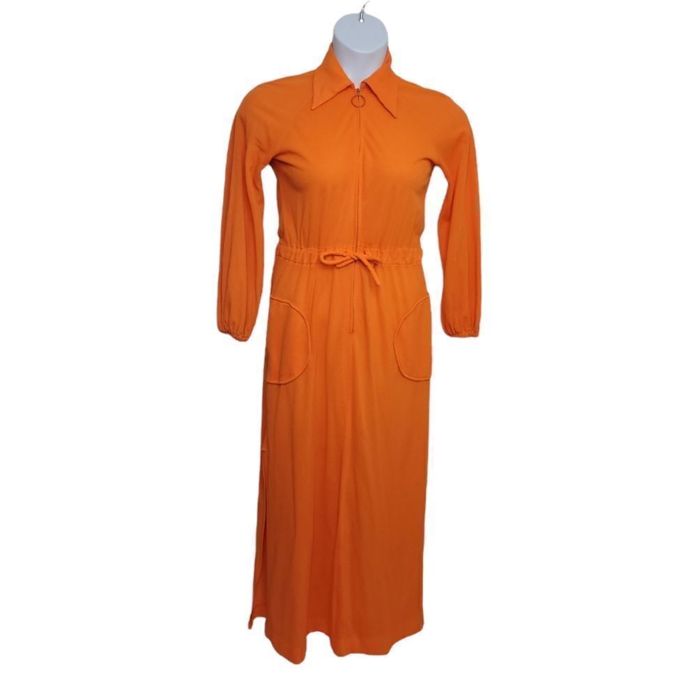 VINTAGE 70s dress orange tangerine long sleeve zip up‎ maxi dress disco collar M